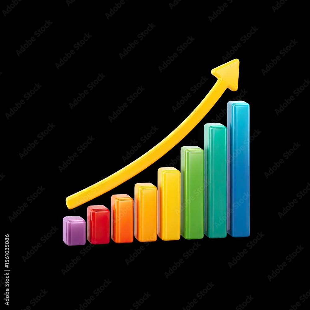 Poster colorful bar graph with arrow indicating growth and progress in business analytics and financial dat