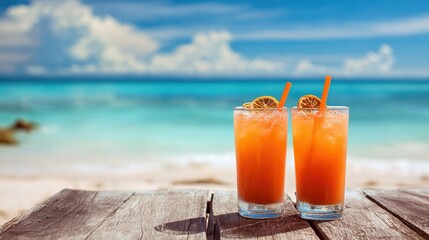 Two orange drinks beach view summer vacation. High quality