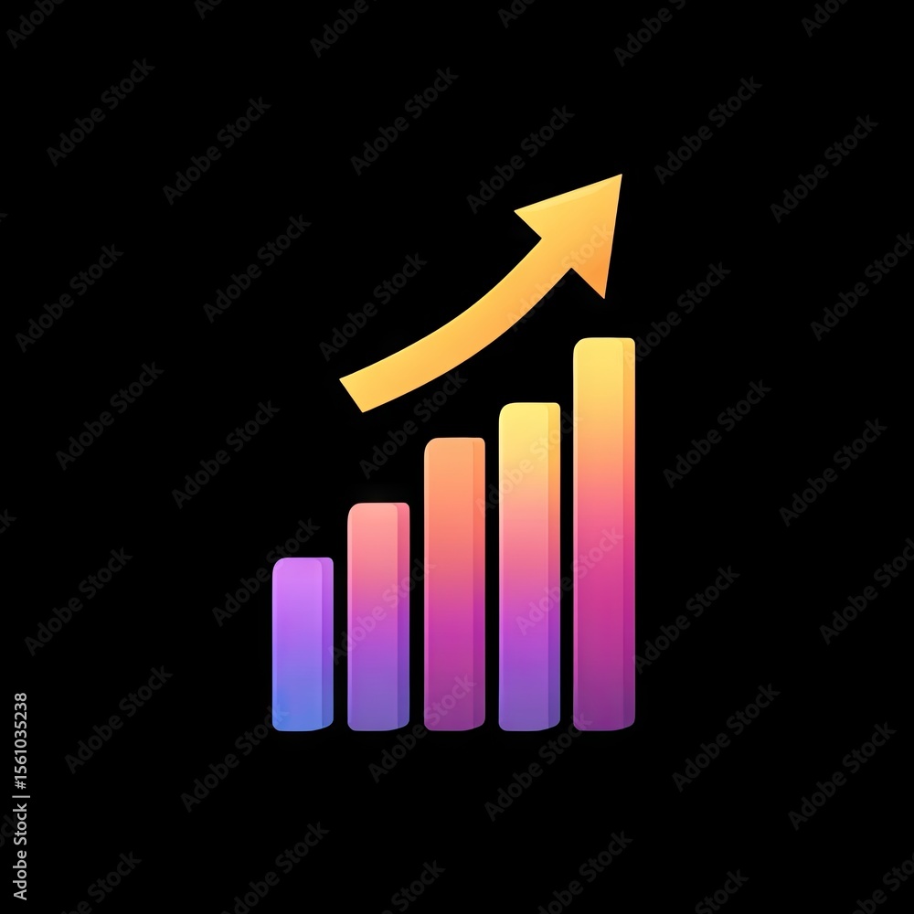 Poster colorful bar graph with arrow illustrating growth and progress in business and finance metrics