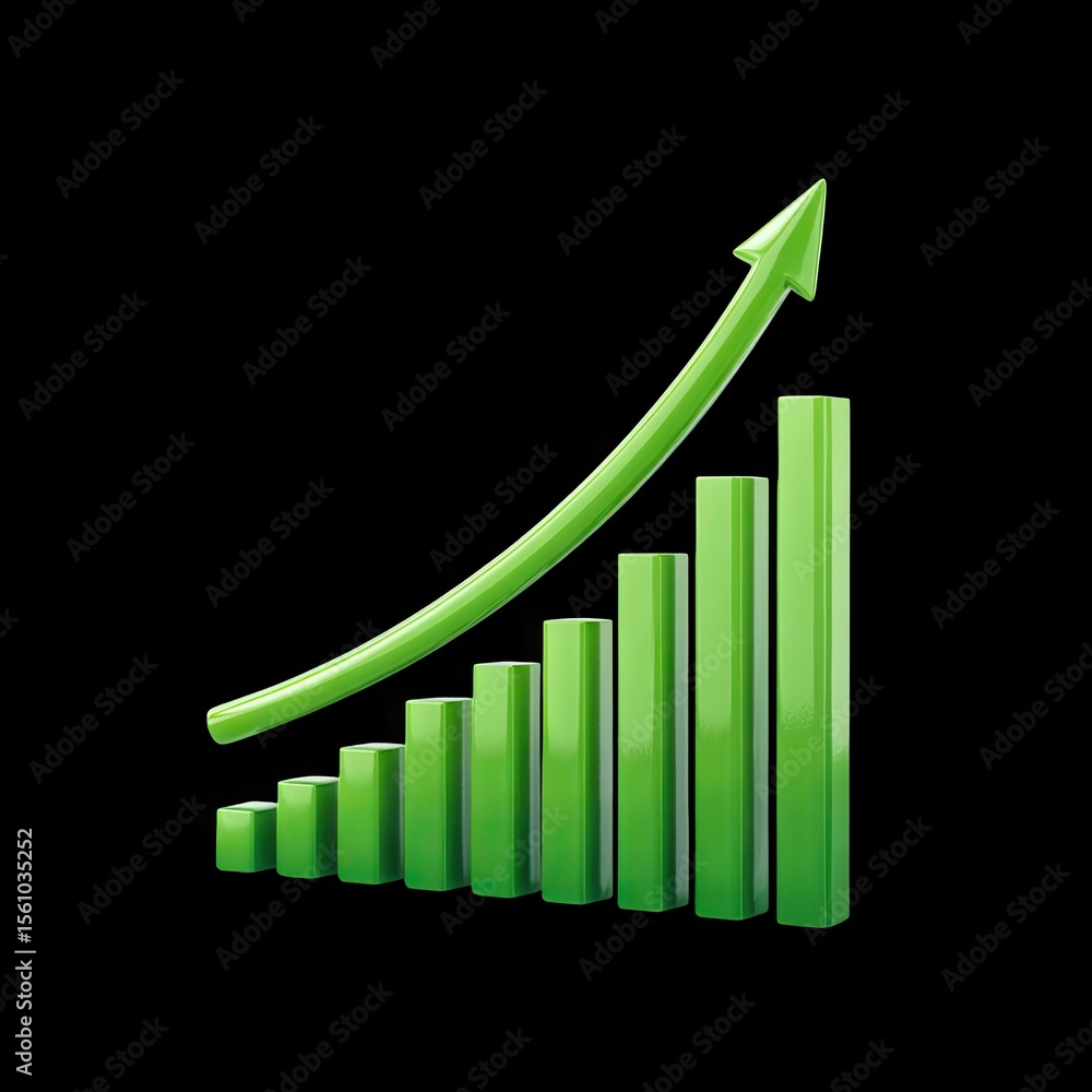 Poster green bar graph with upward arrow illustrating financial growth and progress in business metrics and