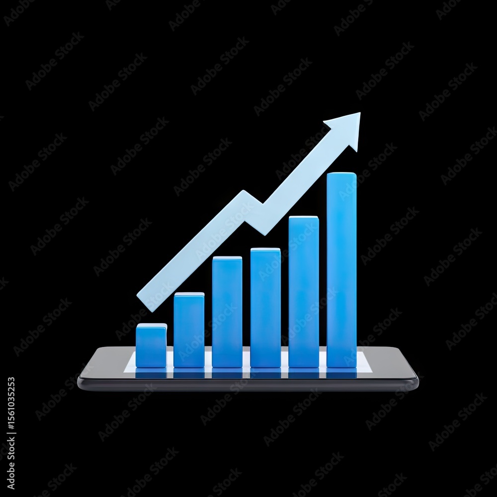 Poster growing business success: increasing bar graphs with arrow on tablet display representing data analy