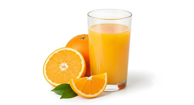 Glass of orange juice with orange sacs and slices fruits isolate on white background