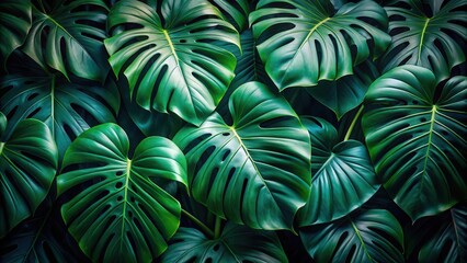 Lush Green Tropical Foliage, a Vibrant Display of Exotic Plant Life with Deep Emerald Hues and Intricate Leaf Details Perfect for Nature-Themed Designs and Projects.