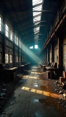 A desolate factory interior, rusting machinery and abandoned workstations tell a tale of economic downturn and job losses; a stark visual representation of a fired economy , collapse, pipes