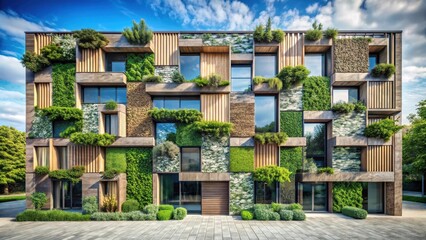 Modern Eco-Friendly Building with Lush Vertical Greenery and Wooden Accents A Sustainable Architectural Design