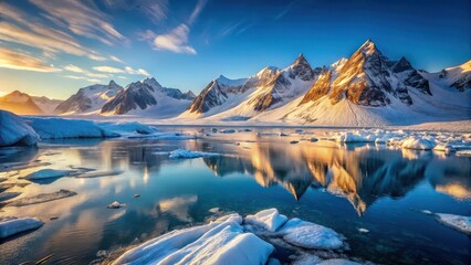 Serene Arctic Sunset A Breathtaking Panorama of Glacial Water Reflecting Majestic Snow-Capped Peaks