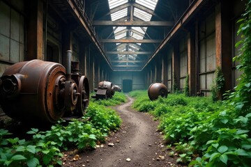 A desolate factory interior, rusting machinery and overgrown weeds hinting at economic decline and job losses The image evokes a sense of forgotten industry and economic hardship , work, structure