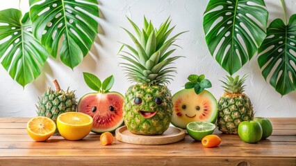 Joyful Tropical Fruit Arrangement A Delightful Display of Watermelon, Pineapple, and Citrus on Wooden Table with Lush Green Foliage