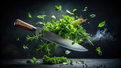 Culinary Herbs Suspended in Mid-Air Above a Chef's Knife, Evoking Freshness and Flavor