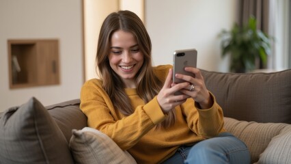 Woman relaxing on a couch, using a mobile phone.