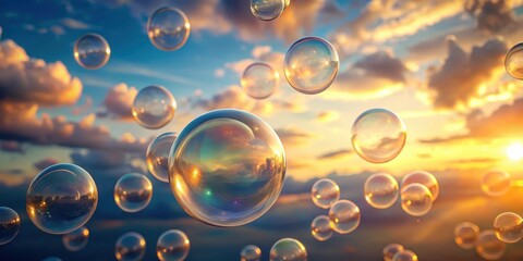 Ethereal Bubbles Ascending at Sunset, Reflecting Golden Hues and a Dreamlike Atmosphere