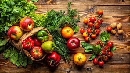 A Bountiful Harvest Freshly Picked Produce and Herbs Arranged on Rustic Wooden Surface