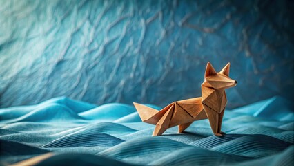 A Wooden Origami Fox Figurine Stands on a Textured Blue Surface, Evoking a Sense of Calm and Tranquility