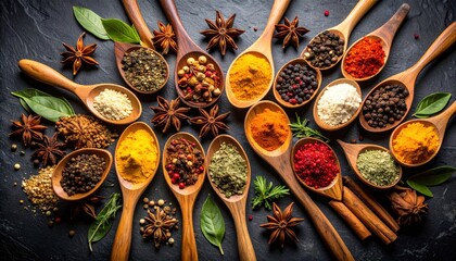 Assorted spices in wooden spoons