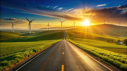 Asphalt road leading to a horizon of wind turbines at sunset over rolling green hills