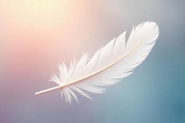 Obraz premium A single, delicate white feather floats gently on a soft, pastel background, symbolizing purity and untouched beauty Perfect for concepts of innocence, fragility, and hope , fragile, gentle