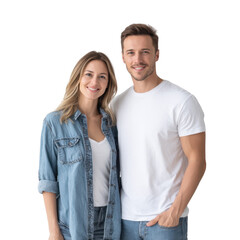 Fototapeta premium A cheerful young couple poses together against a plain white background. showcasing their casual style and friendly demeanor. perfect for lifestyle and relationship-themed content