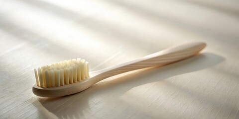 Wooden-handled brush with soft bristles resting on a light surface bathed in sunlight