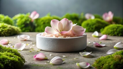 Serene Spa Setting with Delicate Pink Blossoms and Aromatic Bath Salts in a Stone Bowl Nestled Among Lush Green Moss