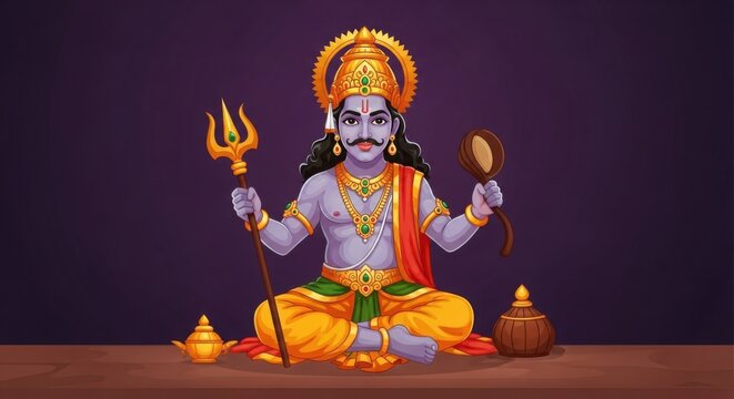 Shani Dev Seated in Meditation Holding His Trident and Mirror