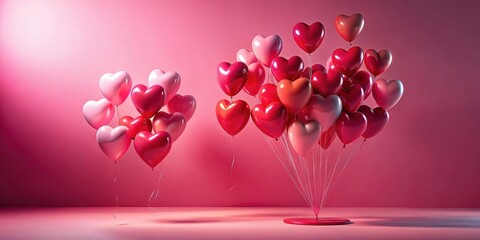 A Romantic Arrangement of Heart-Shaped Balloons in Varied Shades of Pink and Red, Creating a Festive and Loving Atmosphere