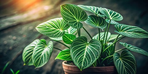 Lush Green Foliage of a Heartleaf Plant in a Pot, Bathed in Soft Sunlight, Exhibiting Intricate Vein Patterns