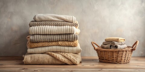 Neatly Stacked Knitwear and a Wicker Basket of Folded Garments on a Rustic Wooden Surface