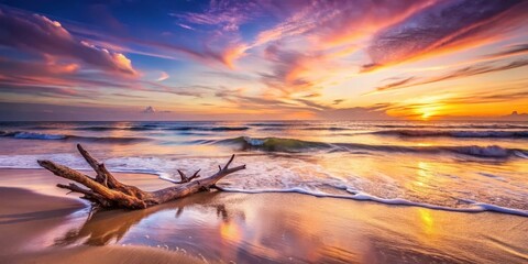 Serene coastal sunrise scene with driftwood on sandy beach, tranquil ocean waves, and vibrant colorful sky