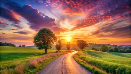Serene Sunset Vista A Winding Road Through Lush Green Fields and Silhouetted Trees Under a Vibrant Sky