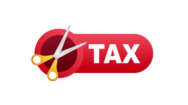 Animated Scissors Cutting Tax Icon Isolated on White and Green