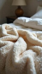 Cozy weighted blanket draped over a bed, soft plush texture, inviting sleep Perfect for a peaceful night's rest, promoting relaxation and comfort , serene, luxury