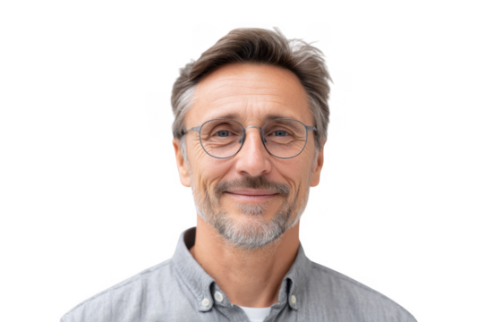 A mature man with glasses smiling warmly at the camera. showcasing a friendly demeanor. set against a neutral background that emphasizes his approachable personality and professionalism