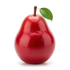 Shiny Red Pear with Green Leaf on White Background
