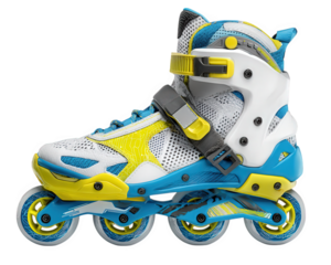 Roller skate shoe mesh fabric blue yellow white plastic frame adjustable strap breathable sporty isolated on transparency background energetic style