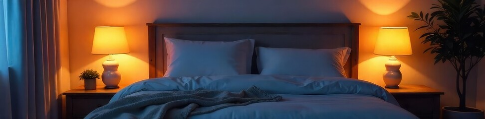 Serene bedroom scene featuring a soft, ambient glow from bedside lamps Perfect for relaxation and sleep themes Ideal for home decor, interior design, and lifestyle blogs , homey, relaxing bedroom