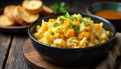 A hearty and rustic cabbage supper, featuring a large pot of simmering cabbage, alongside crusty bread and a side of savory gravy Perfect for a cozy autumn or winter evening , herbs, cooking
