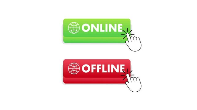 Hand clicking online and offline web buttons with white and blue backgrounds