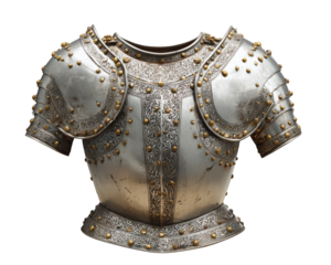 Ornate metal armor chest plate with intricate engraving and gold rivets, isolated on transparency background, medieval protective gear, historical craftsmanship, strong and elegant design