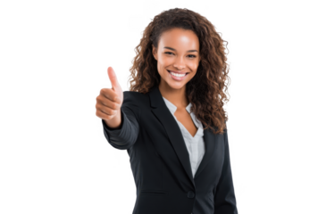 A confident woman in a business suit giving a thumbs-up gesture. standing against a plain white background. conveying positivity and professionalism. ideal for corporate or motivational use