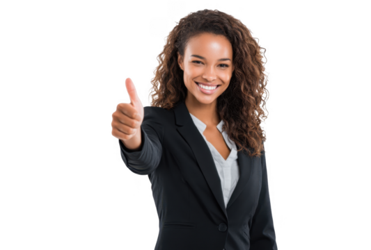 A confident woman in a business suit giving a thumbs-up gesture. standing against a plain white background. conveying positivity and professionalism. ideal for corporate or motivational use