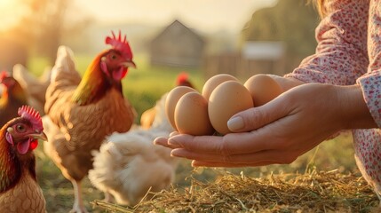 A person holding a handful of fresh eggs at a farm