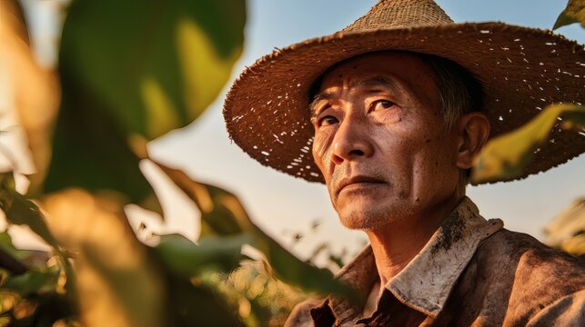 An elderly farmer looks thoughtfully at his expansive crop fields
