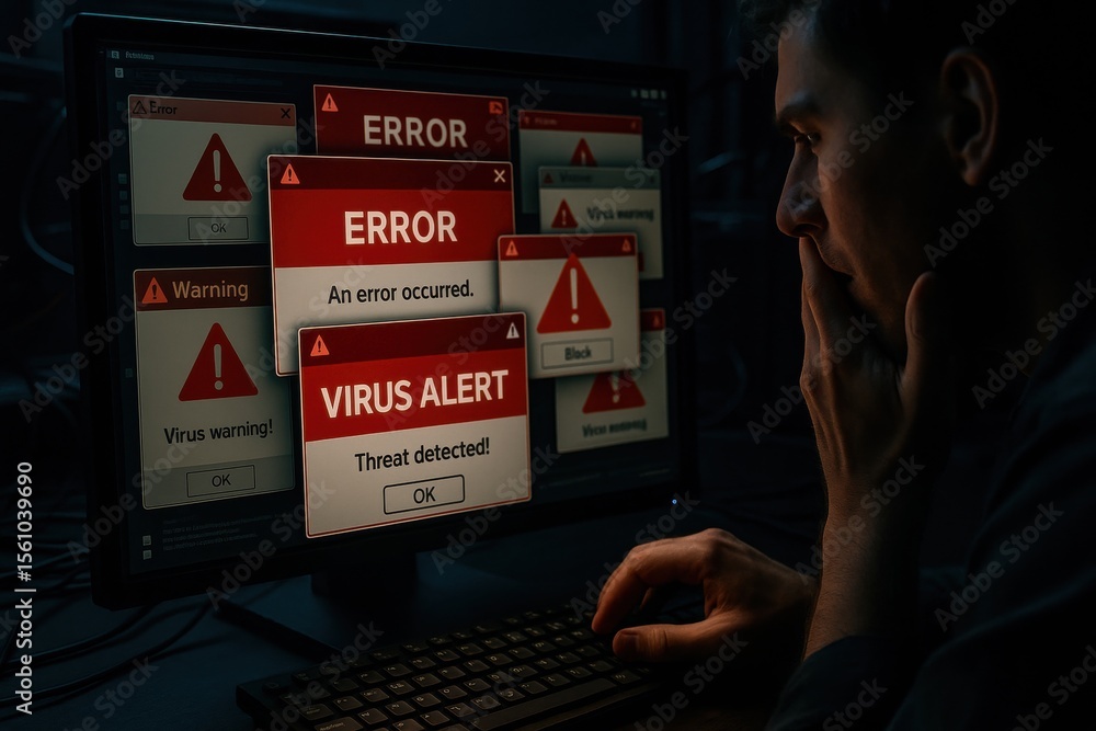 Poster system failure nightmare: a concerned man stares at a computer screen inundated with error messages 