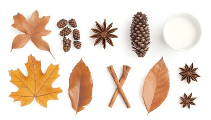 Autumnal arrangement of fall leaves, pine cones, star anise, and cinnamon sticks on a white background with a small bowl of milk