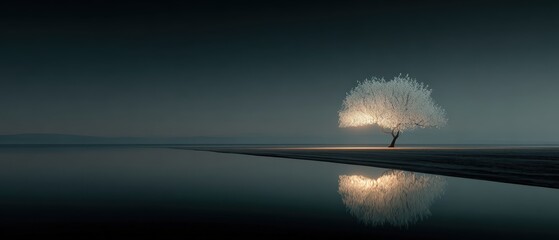 Serene Landscape with Bare Tree and Calm Water Reflection at Dusk