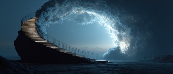 Dreamlike Staircase Emerging from Magical Clouds at Night