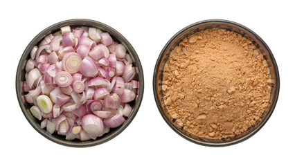 Top view of sliced shallots and shallot powder in round metal bowls, isolated on transparent background, ideal for culinary, ingredient, and spice packaging design
