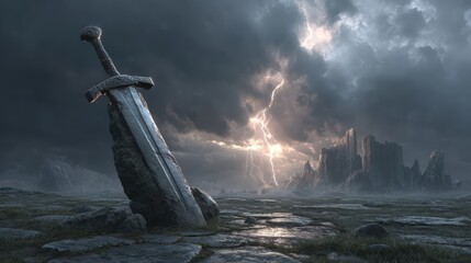 Epic Sword in Stone with Stormy Sky and Lightning in Background