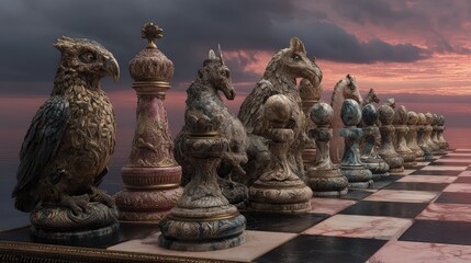 Ornate Chess Set with Animal Figurines against Dramatic Sunset Sky