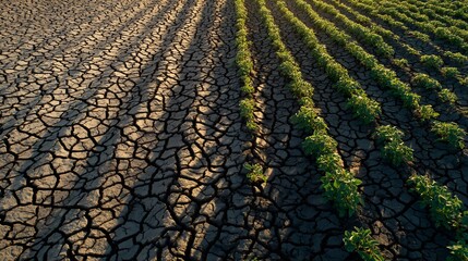 Severe drought cracking dry earth threatening agriculture rows of young green plants struggling for survival under intense sun a symbol of climate change impact on crops and food